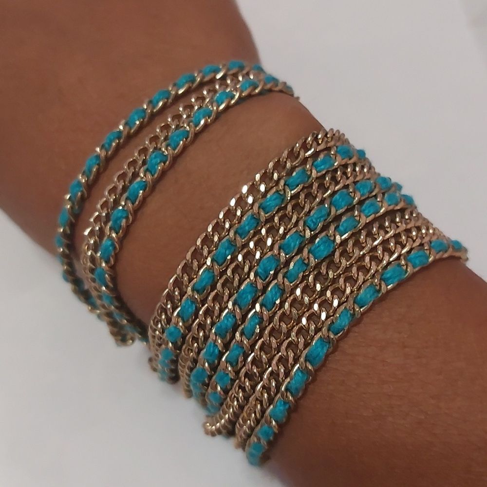 Trendy Chic 11 Row Stacked Chains Faux Leather Bracelet Blue Gold Tone